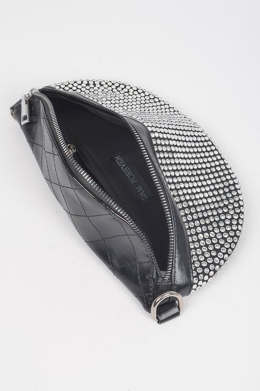 Black fanny pack side view with rhinestone edge trim and zip closure