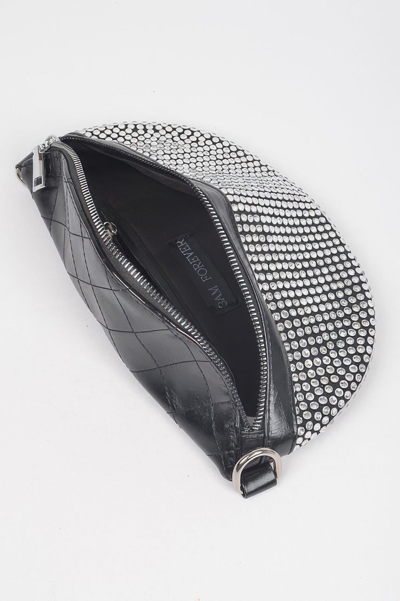 Black fanny pack side view with rhinestone edge trim and zip closure
