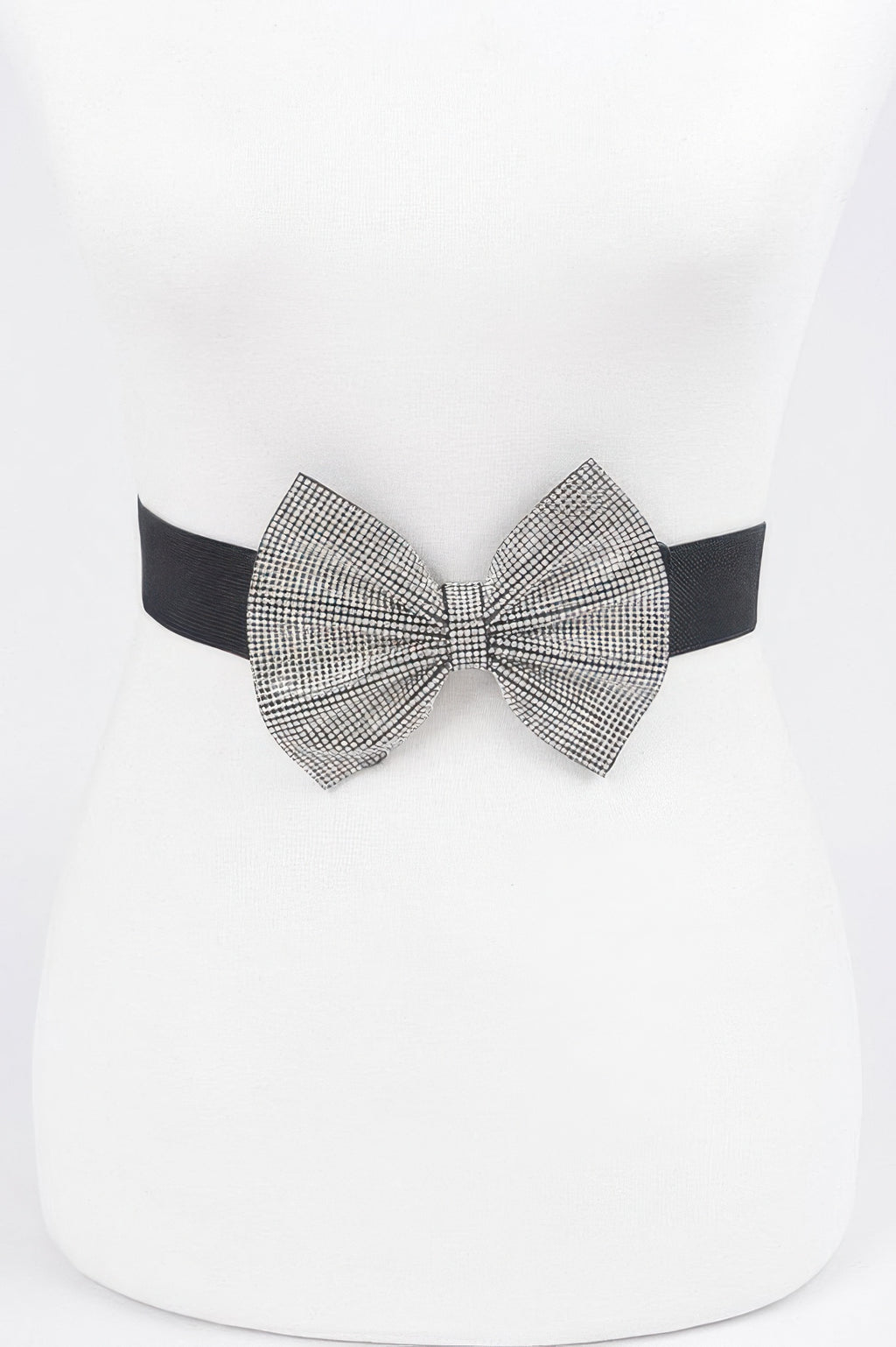 Rhinestone ribbon elastic belt with black band and clear rhinestone bow