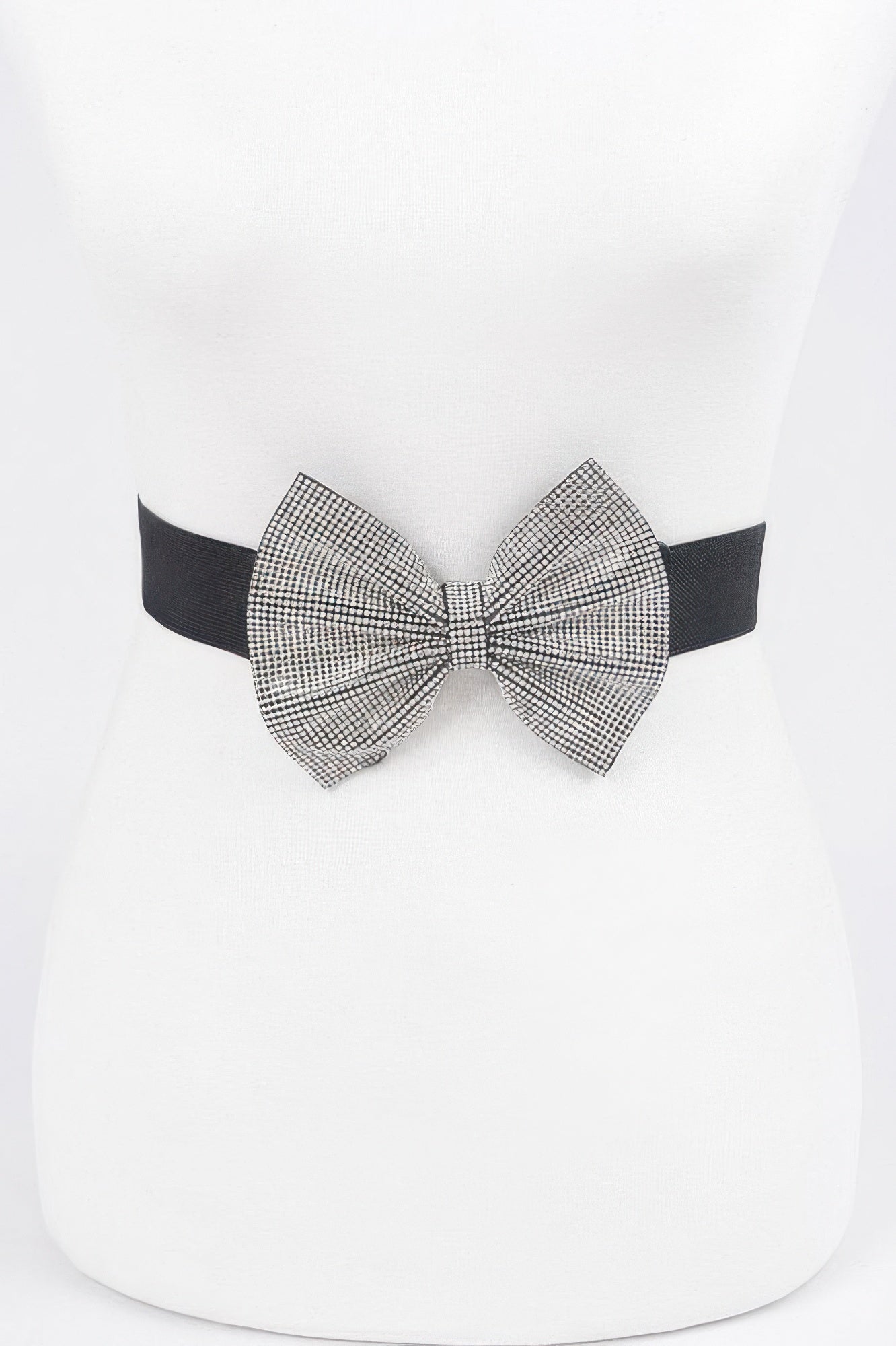 Rhinestone ribbon elastic belt with black band and clear rhinestone bow
