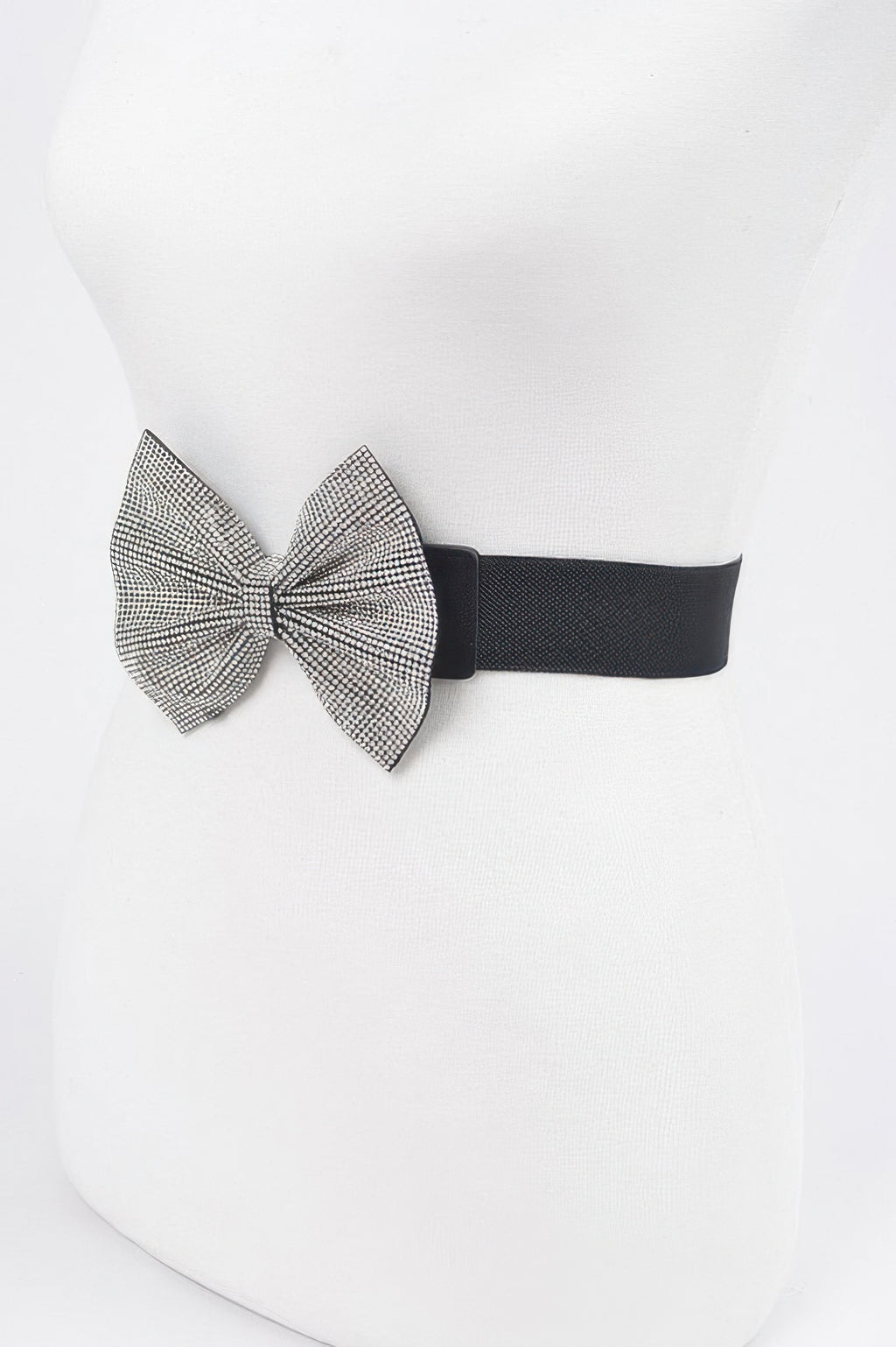 Black elastic belt with rhinestone bow centerpiece and side clasp tab