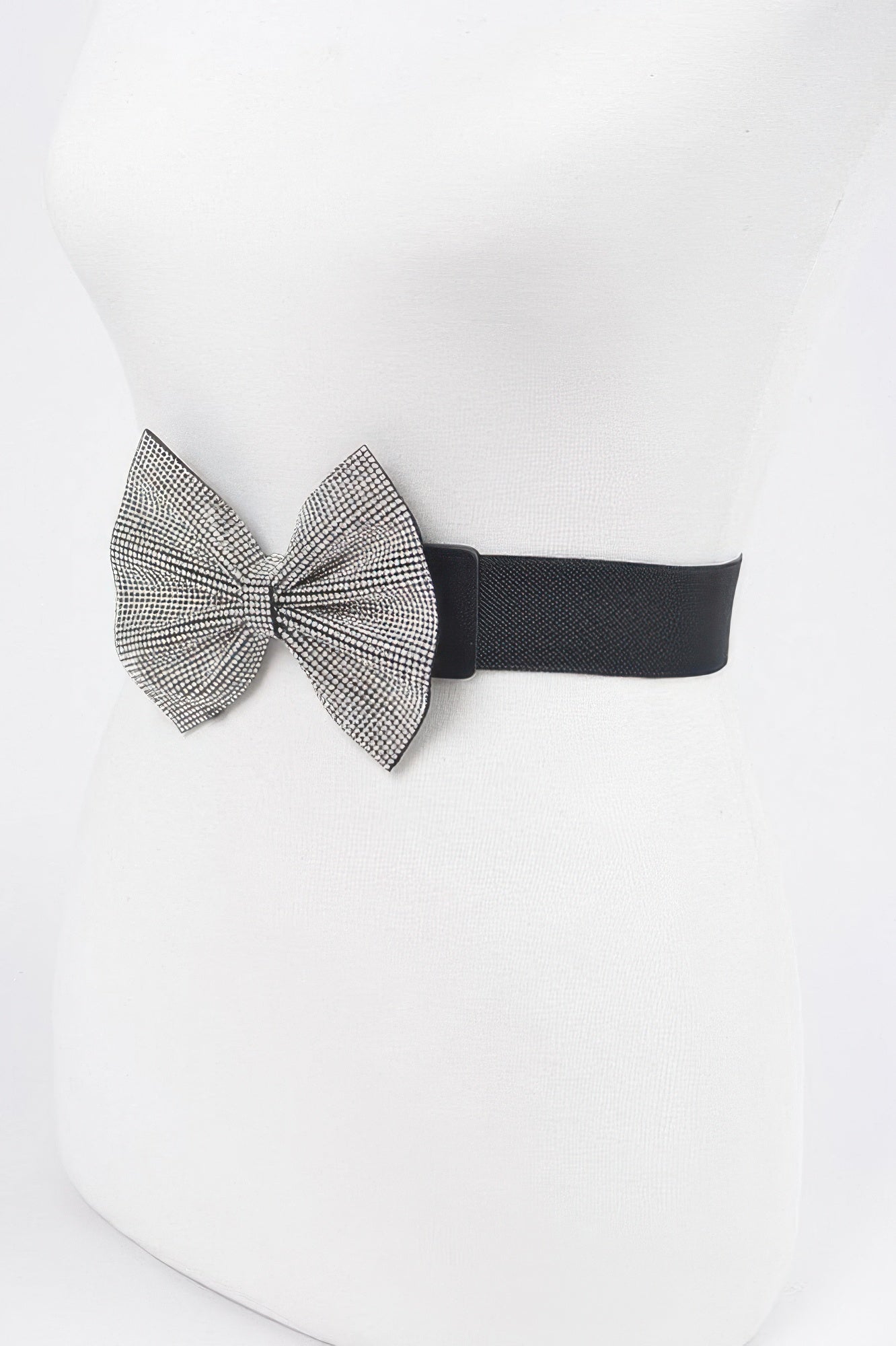 Black elastic belt with rhinestone bow centerpiece and side clasp tab