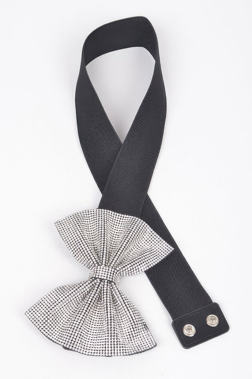 Black elastic belt with clear rhinestone bow and snap closure ends