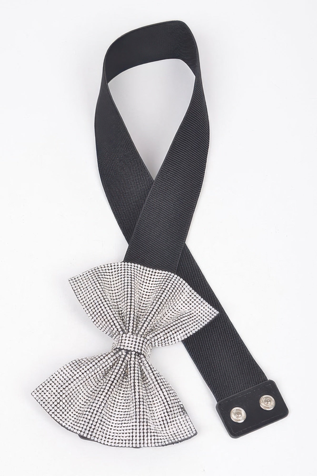 Black elastic belt with clear rhinestone bow and snap closure ends