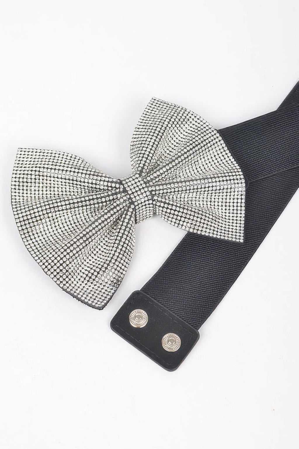 Clear rhinestone bow detail on black elastic belt with snap closure