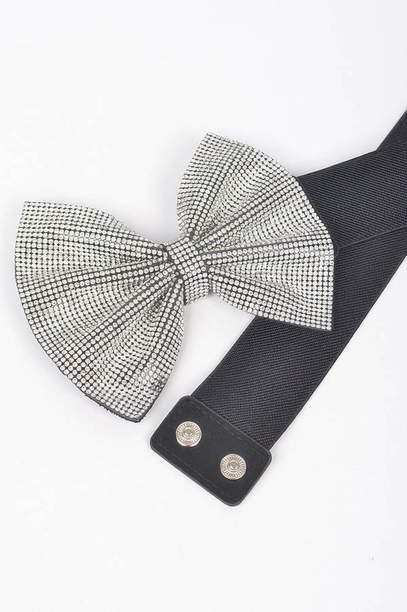Clear rhinestone bow detail on black elastic belt with snap closure