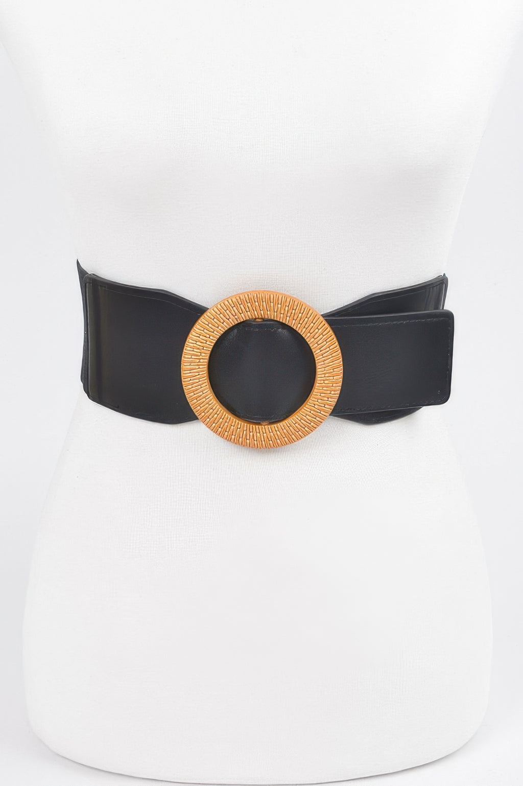 Black oversized elastic plus-size belt with round woven gold-tone buckle