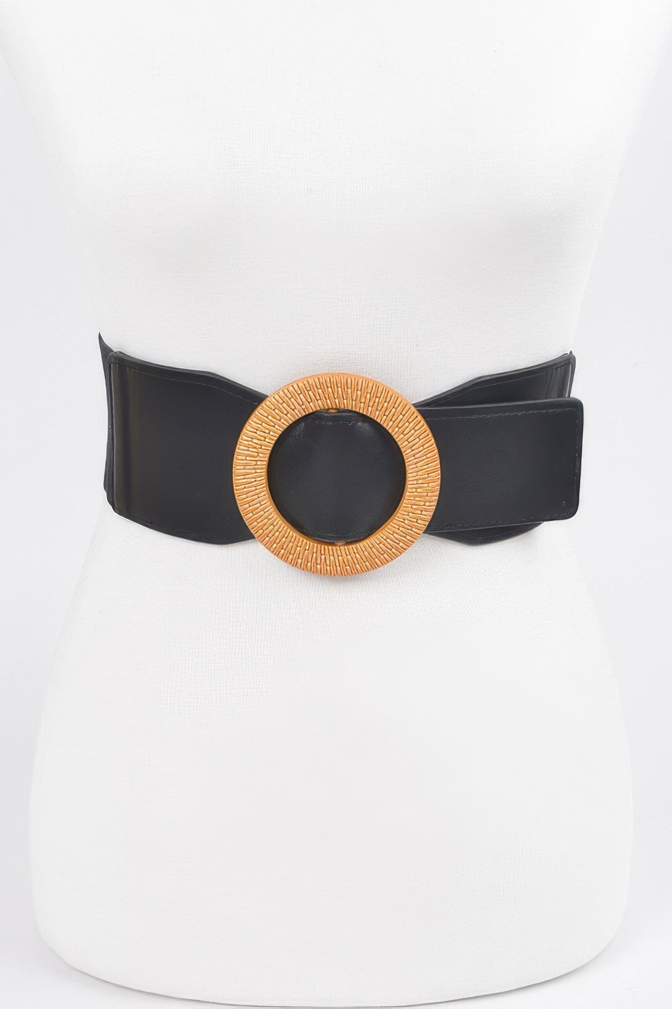 Black oversized elastic plus-size belt with round woven gold-tone buckle
