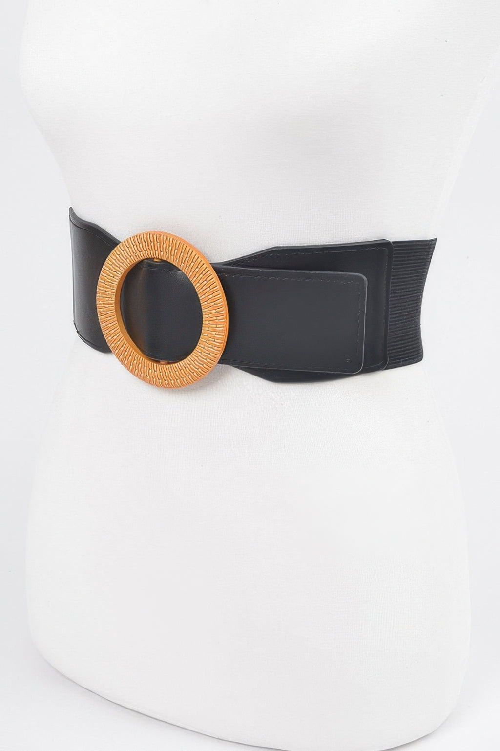 Black wide elastic belt with round gold-tone buckle and stitched strap