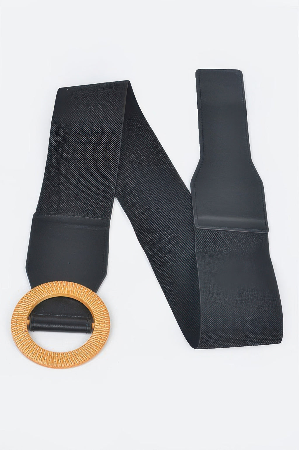 Black belt strap and separate round gold-tone buckle piece