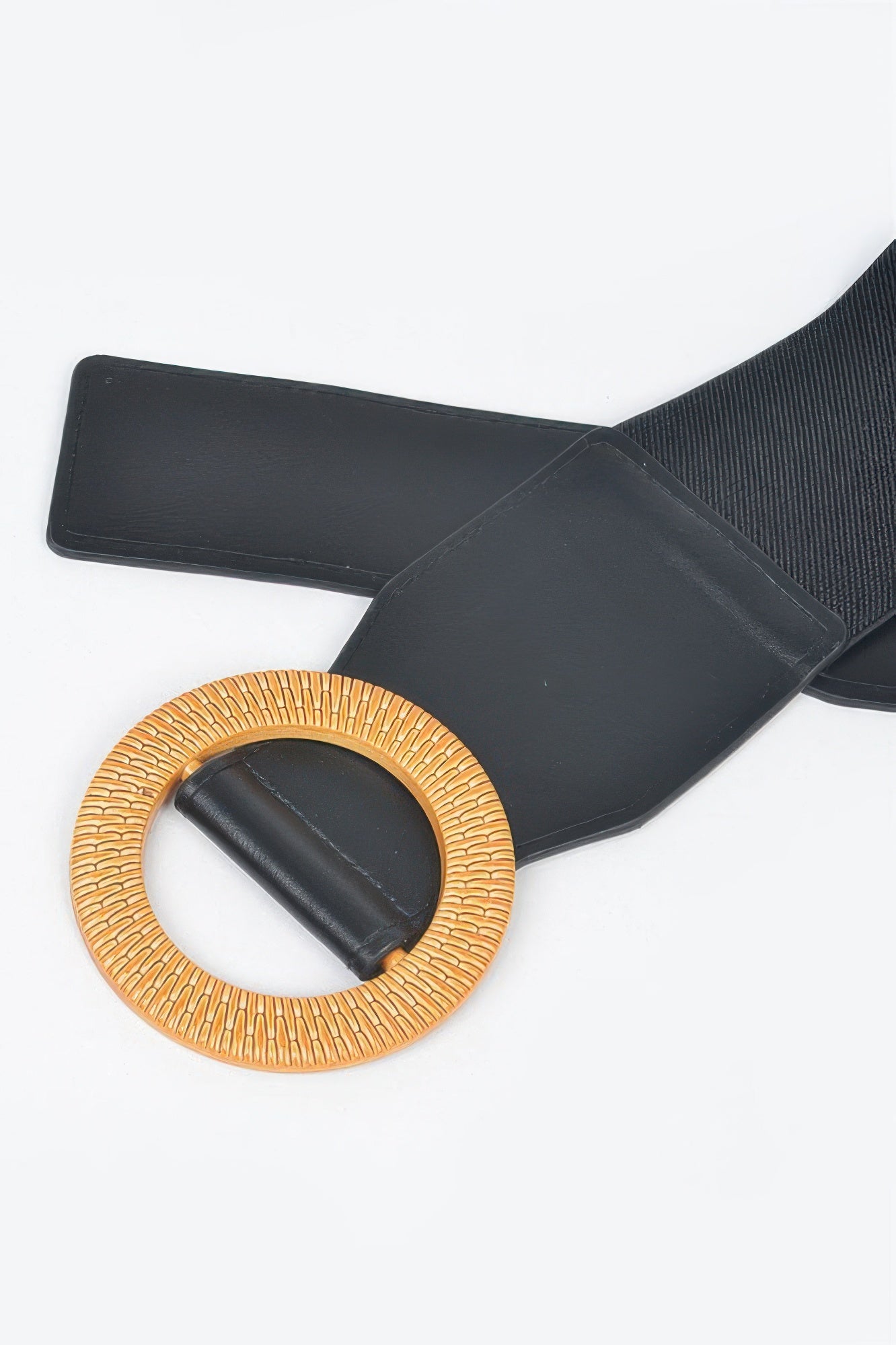Black belt with round gold-tone buckle and leather-look stitched strap