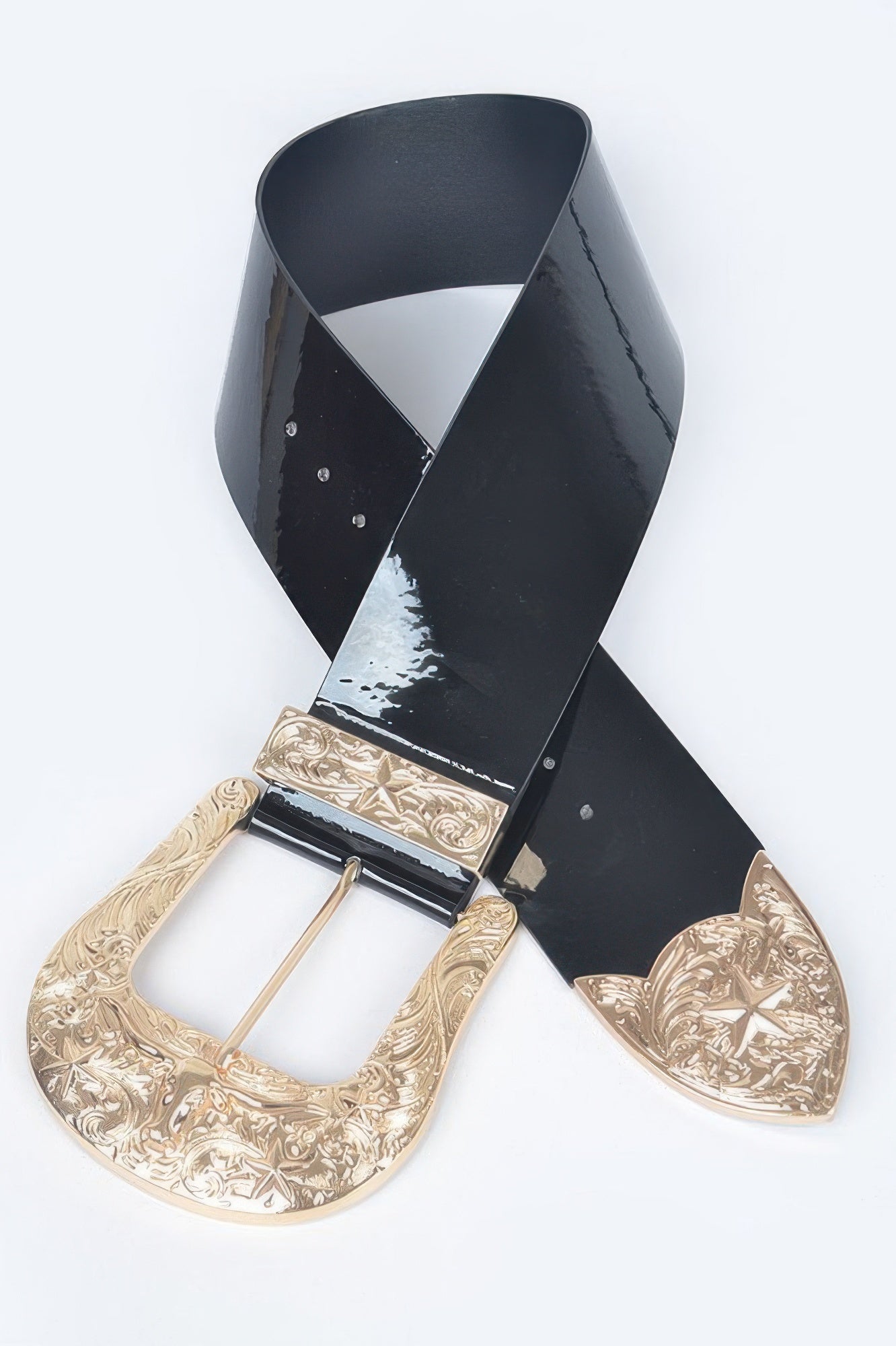Oversized enamel belt with black wide strap, gold oval buckle frame and heart details