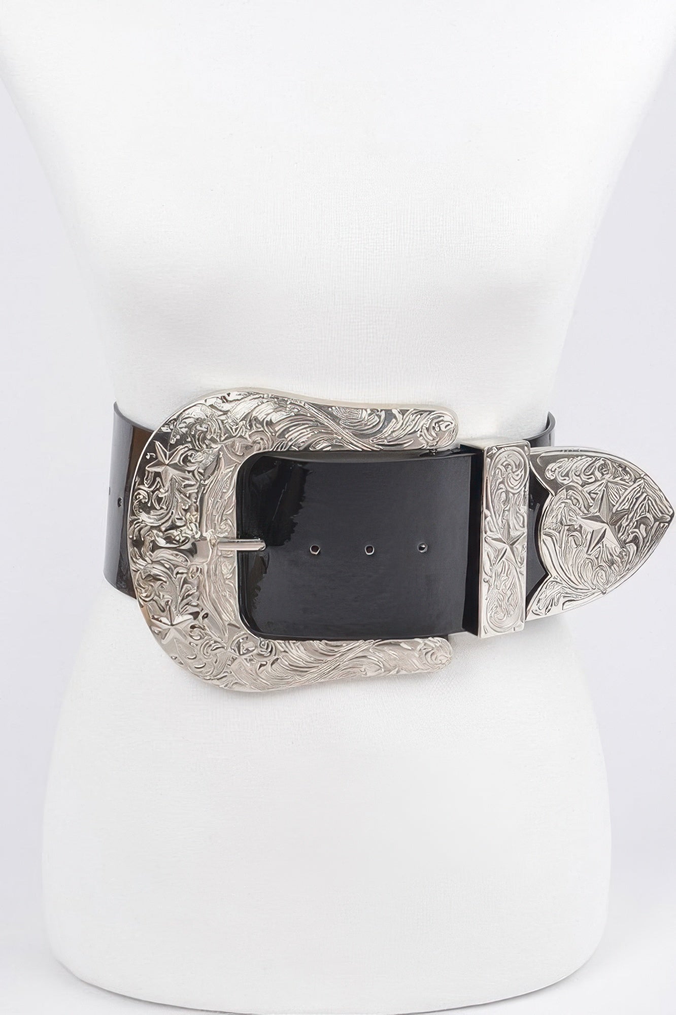 Oversized enamel waist belt with black rectangular buckle, silver filigree frame and dark strap