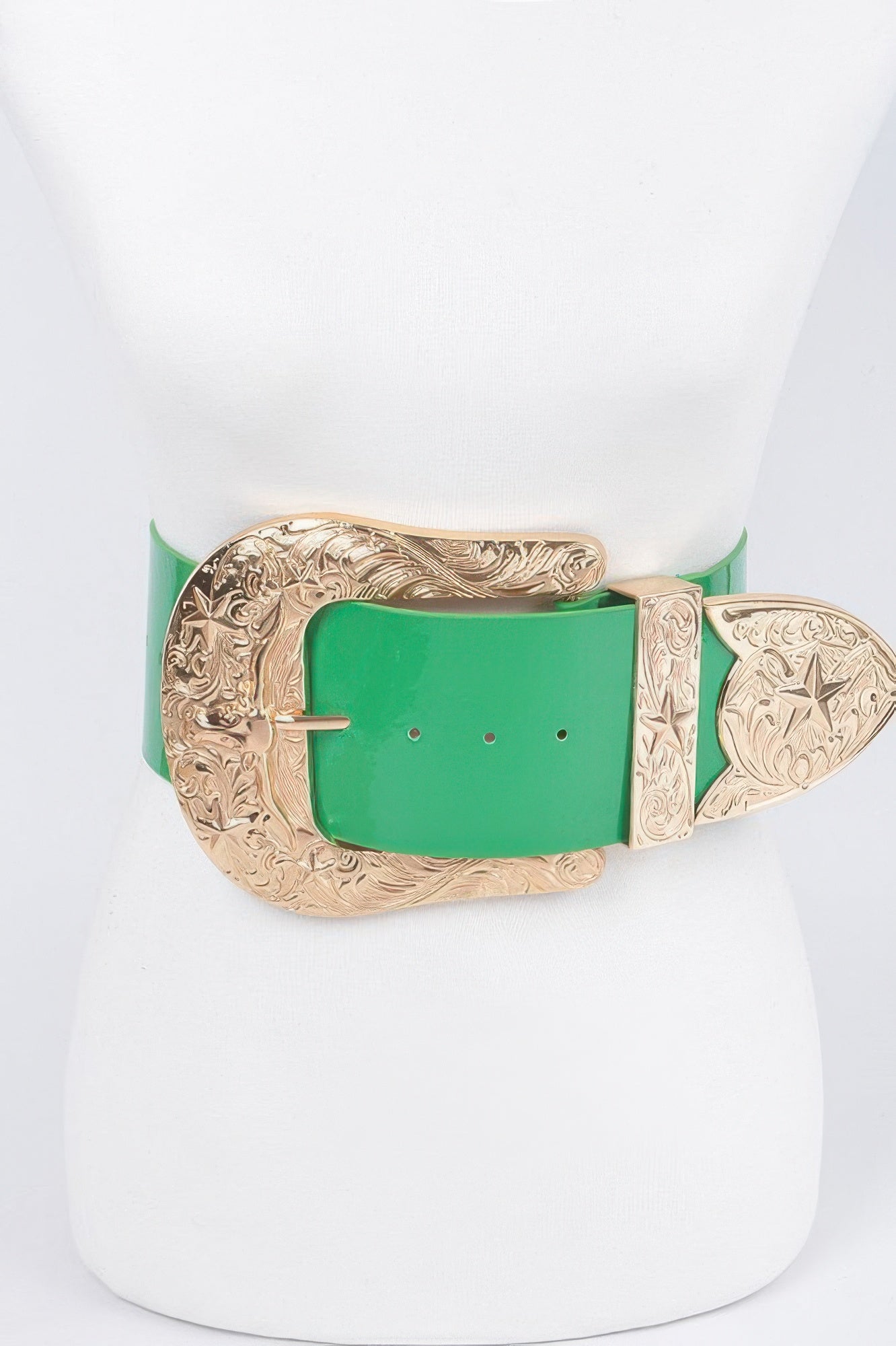 Oversized enamel waist belt with green panel buckle, gold filigree frame and green strap