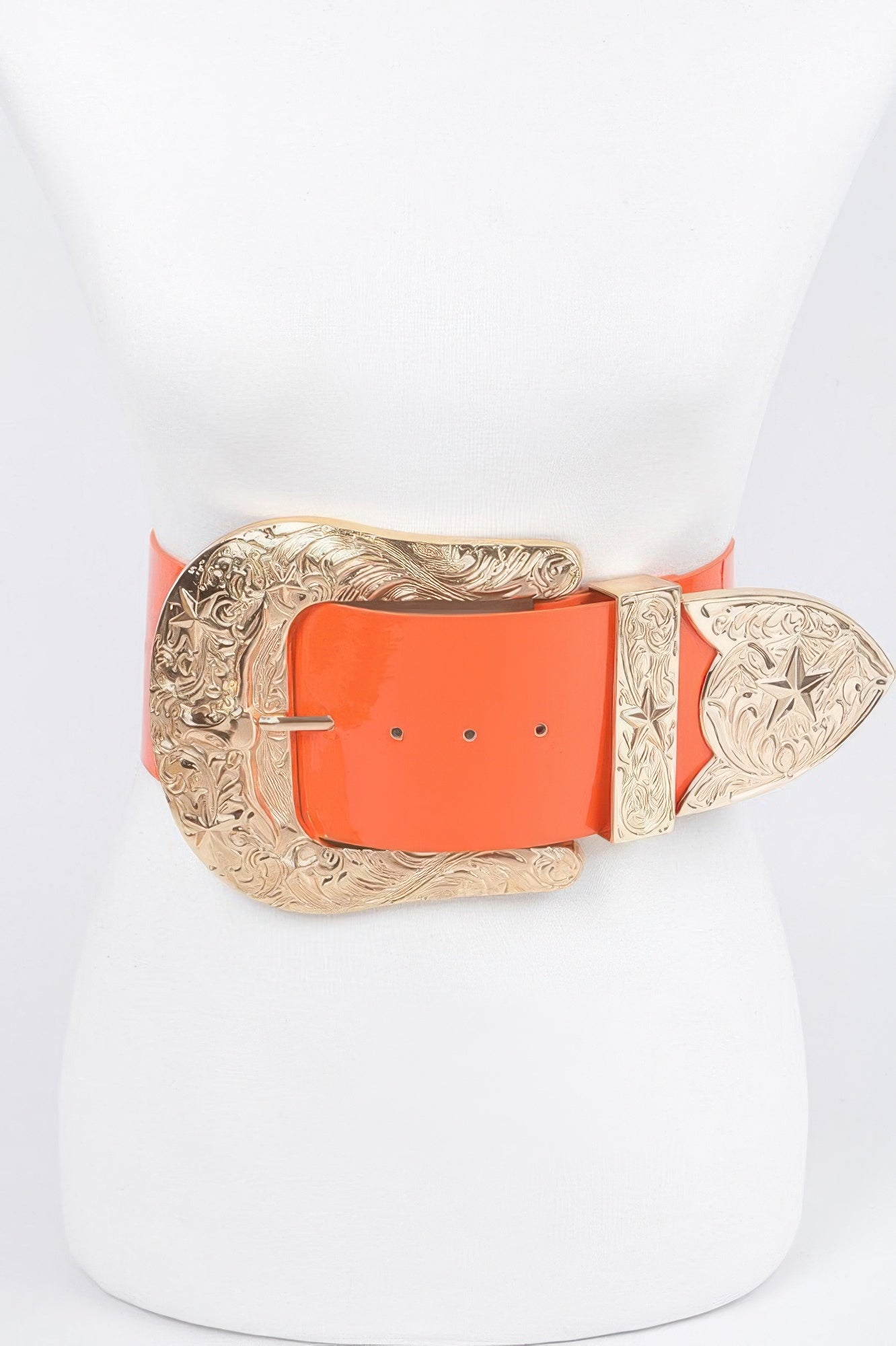 Oversized enamel waist belt with orange panel buckle, gold filigree frame and orange strap