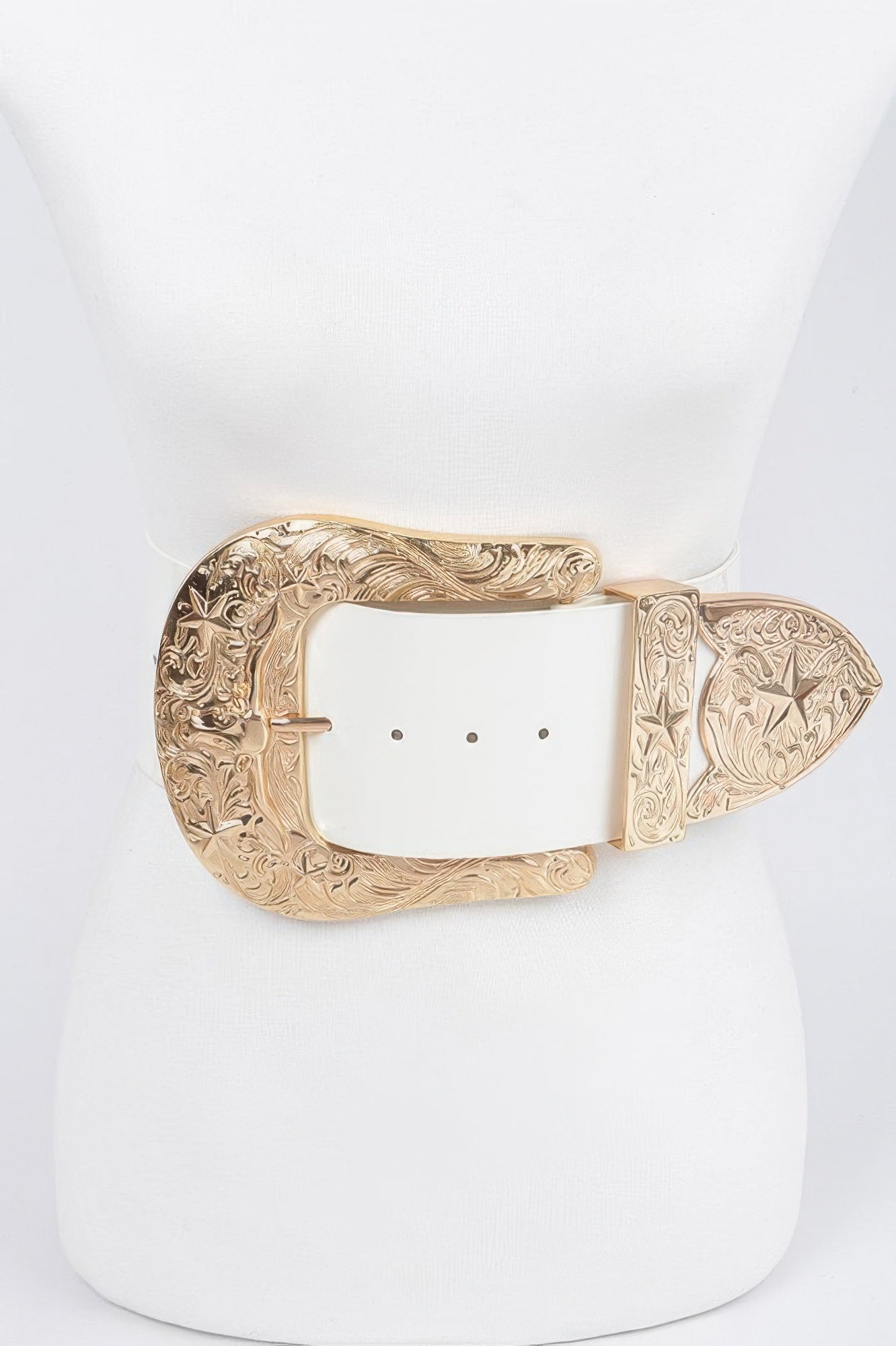 Oversized enamel waist belt with white panel buckle, gold filigree frame and light strap