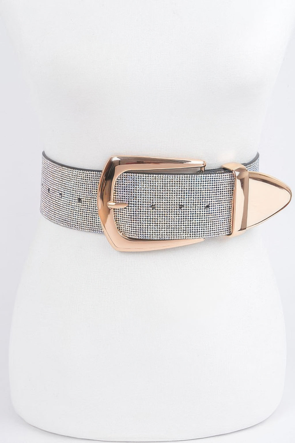 Multi rhinestone belt with rectangular buckle, silver mesh and rose-gold trim