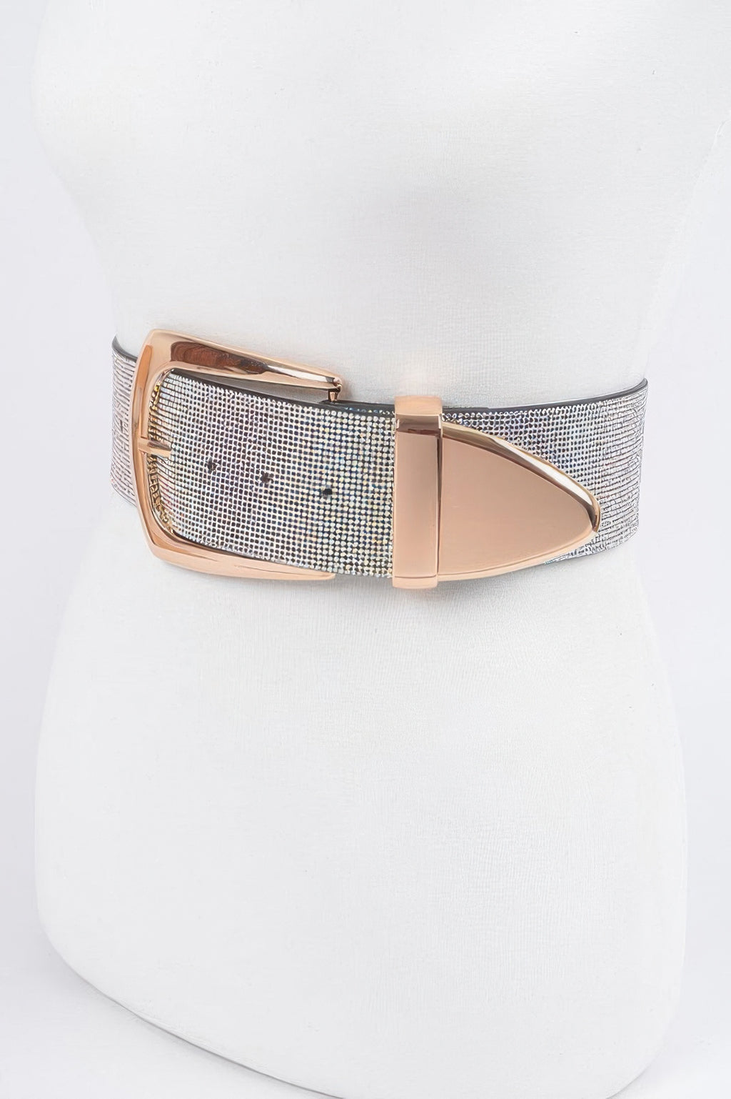 Silver rhinestone belt with rose-gold buckle, side view on torso stand