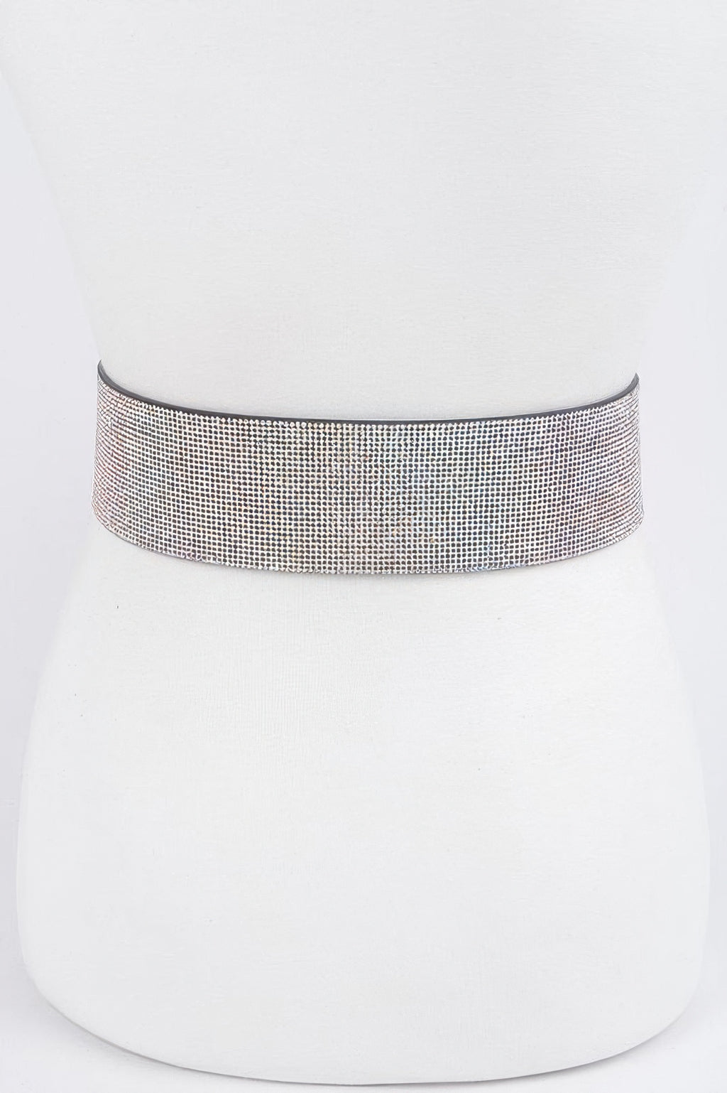 Silver rhinestone belt strap with sparkle mesh texture, side profile