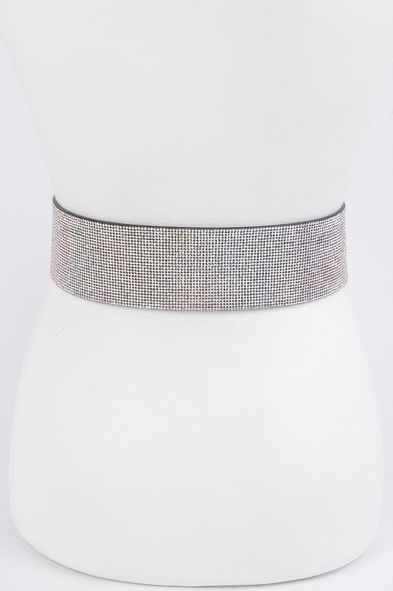 Silver rhinestone belt strap with sparkle mesh texture, side profile