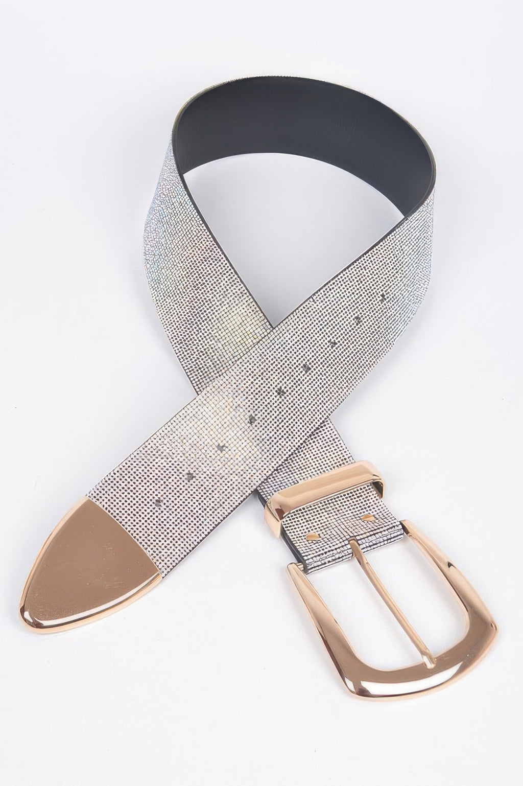 Rhinestone belt with silver mesh strap, V-shaped ends and rose-gold buckle