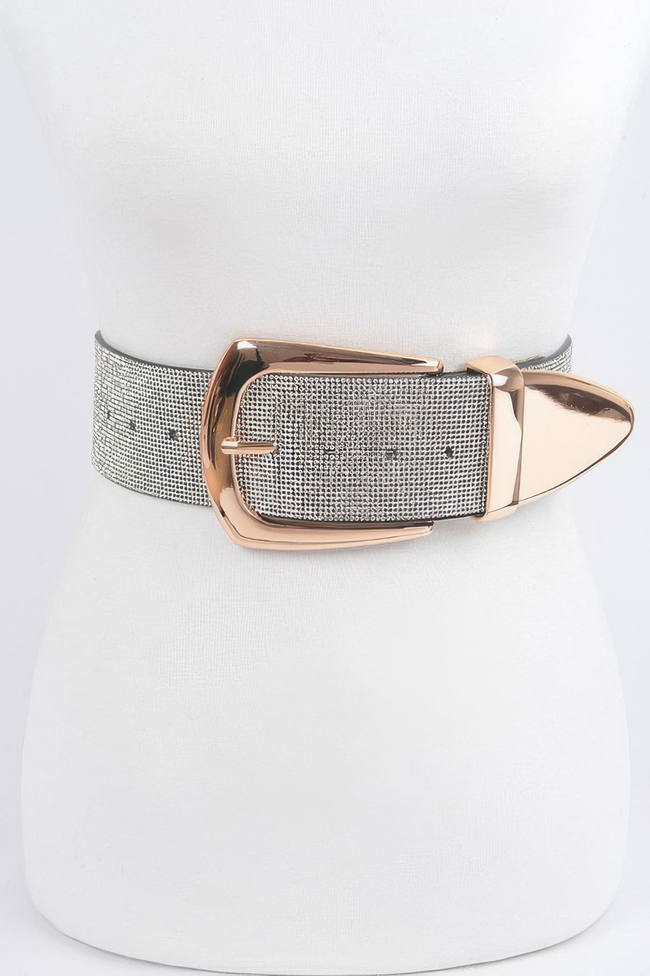 Silver rhinestone belt with rose-gold rectangular buckle, front view