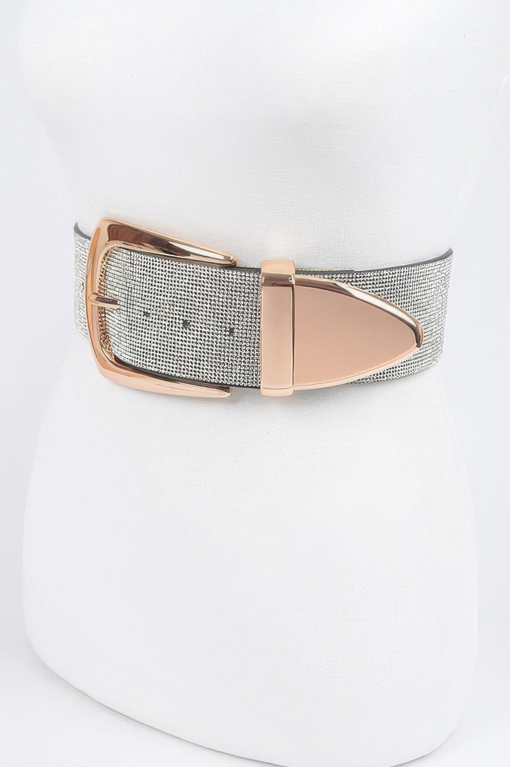 Silver rhinestone belt with rose-gold buckle, angled front view