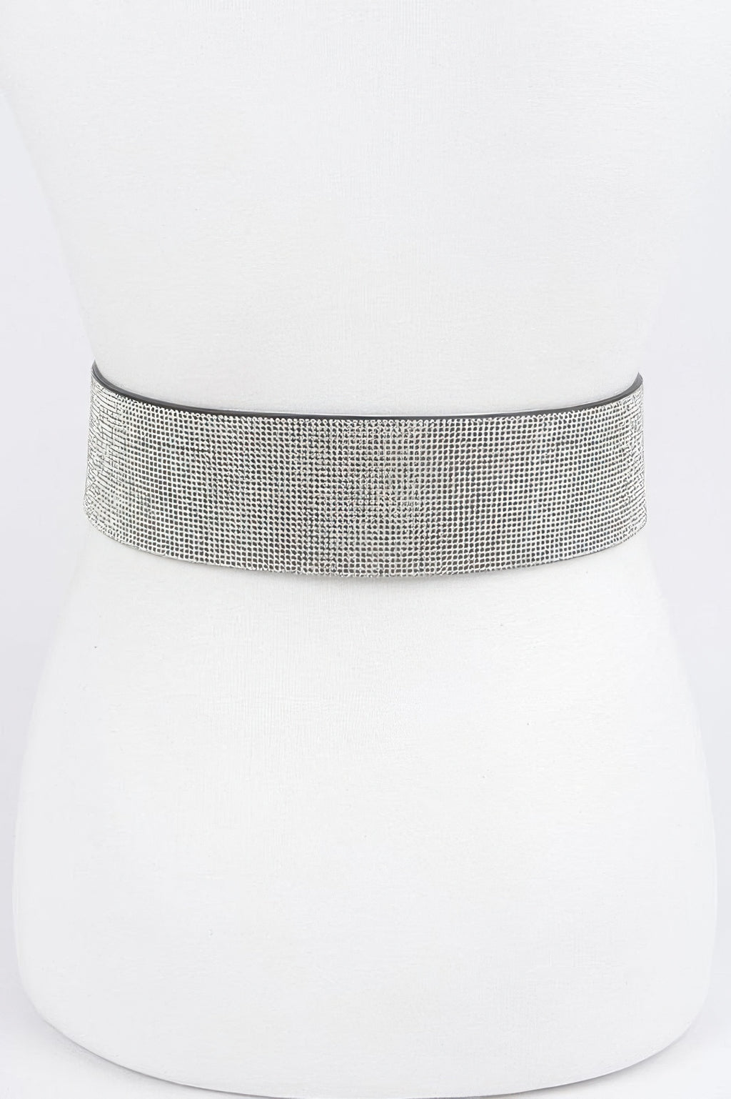Wide silver rhinestone belt strap with fine mesh texture, clean side view