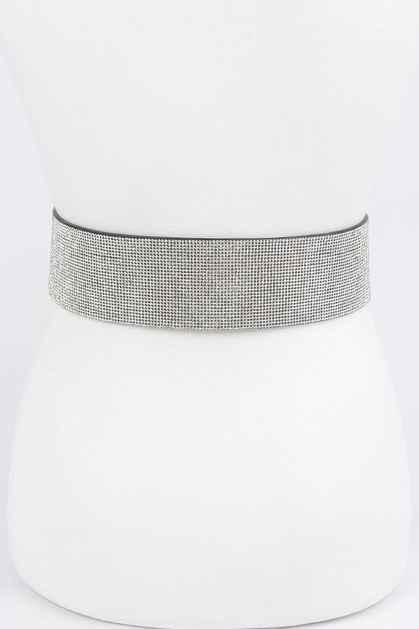 Wide silver rhinestone belt strap with fine mesh texture, clean side view