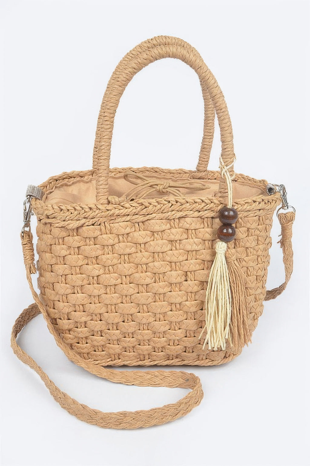 Khaki faux straw tote bag with woven texture, short handles, tassel detail and side snaps