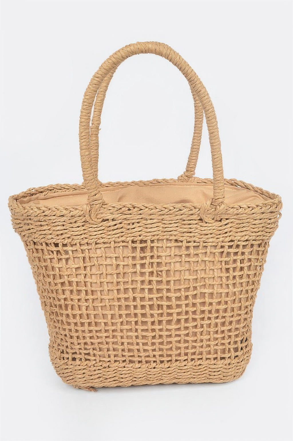 Faux Straw Tote Bag in Khaki, woven basket weave with rope handles.
