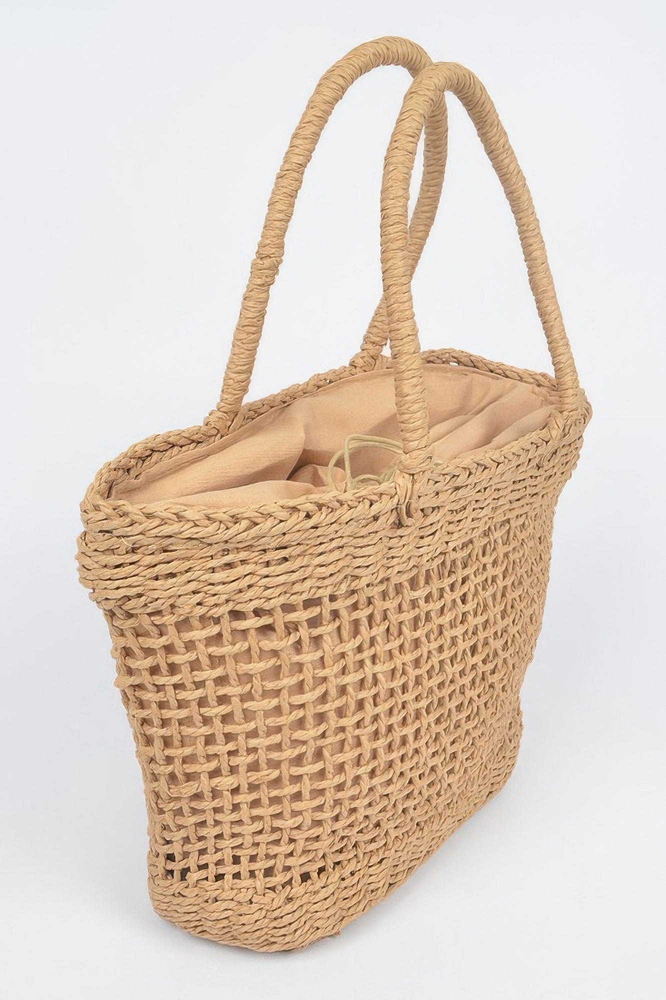 Khaki faux straw tote bag with large top open weave and reinforced strap handles.