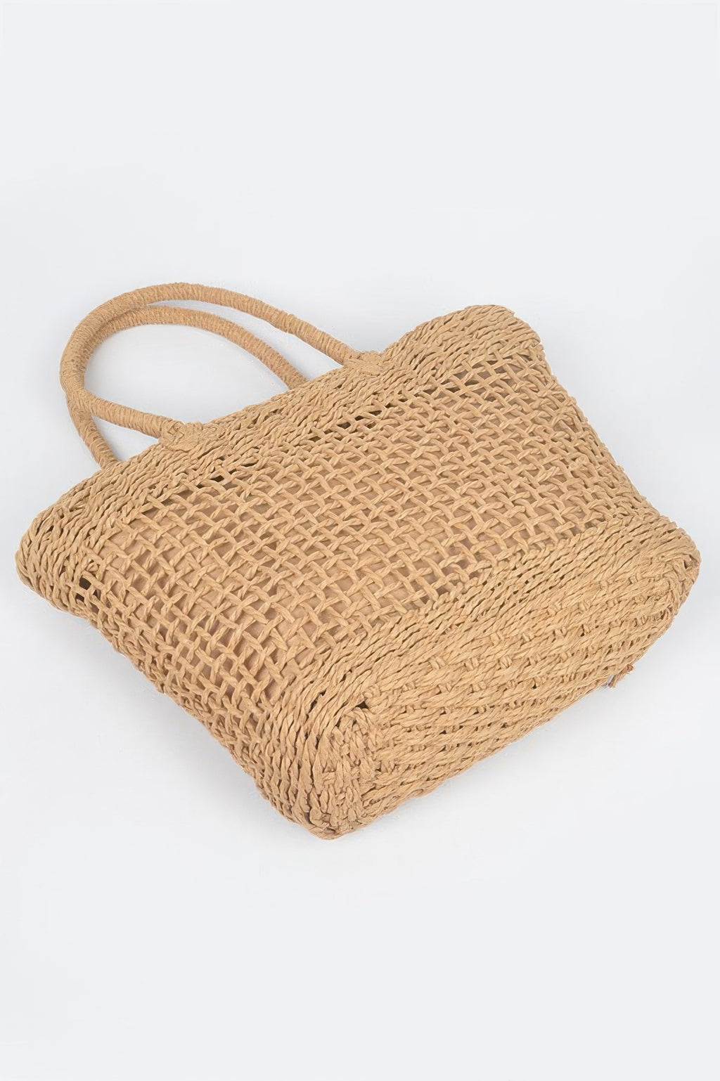 Khaki faux straw tote bag, folded-flat corner shape with rope carry handle.