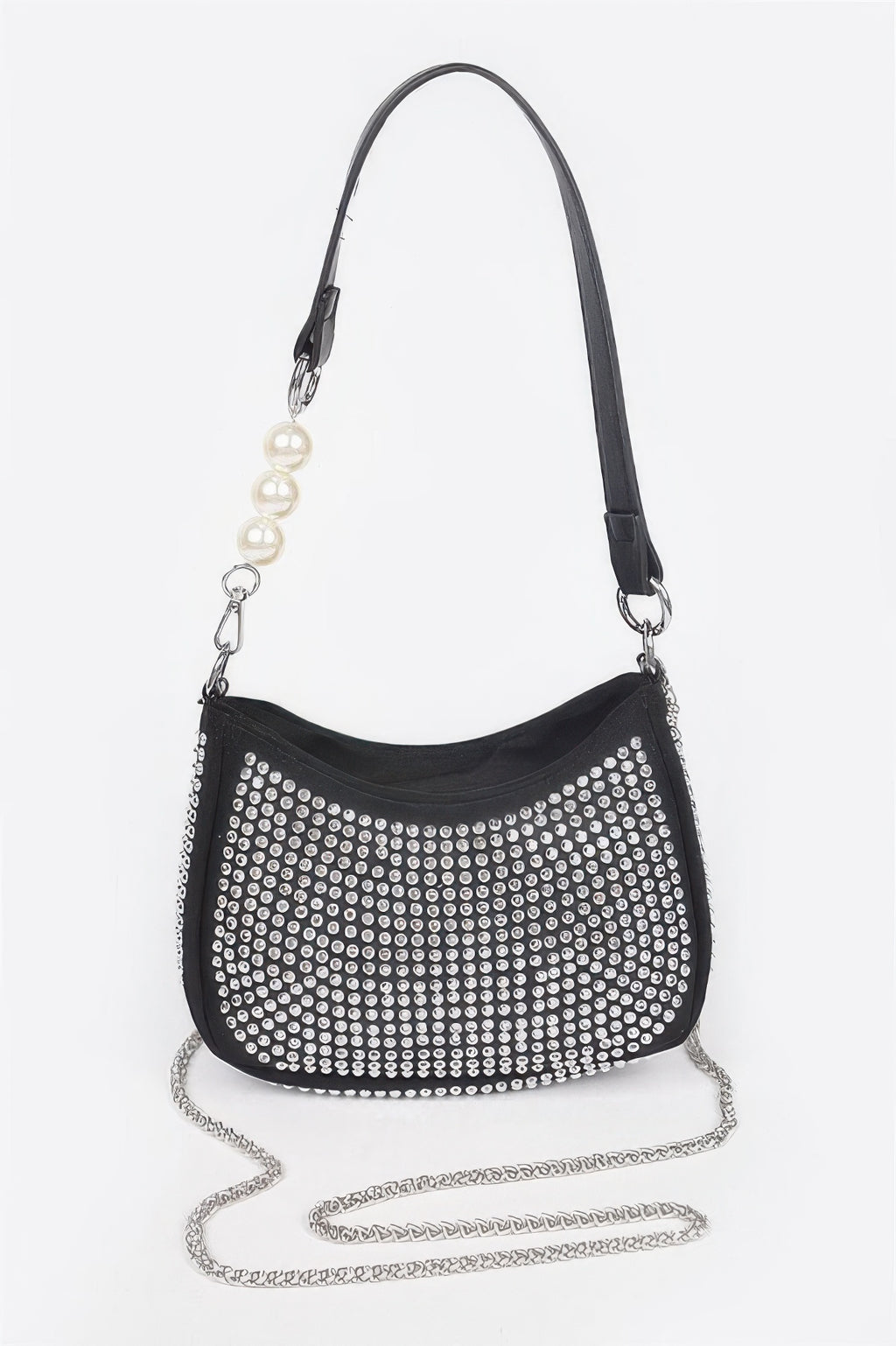 Hotfix Micro Suede Crossbody bag, black with silver rhinestone studs and pearl drop detail