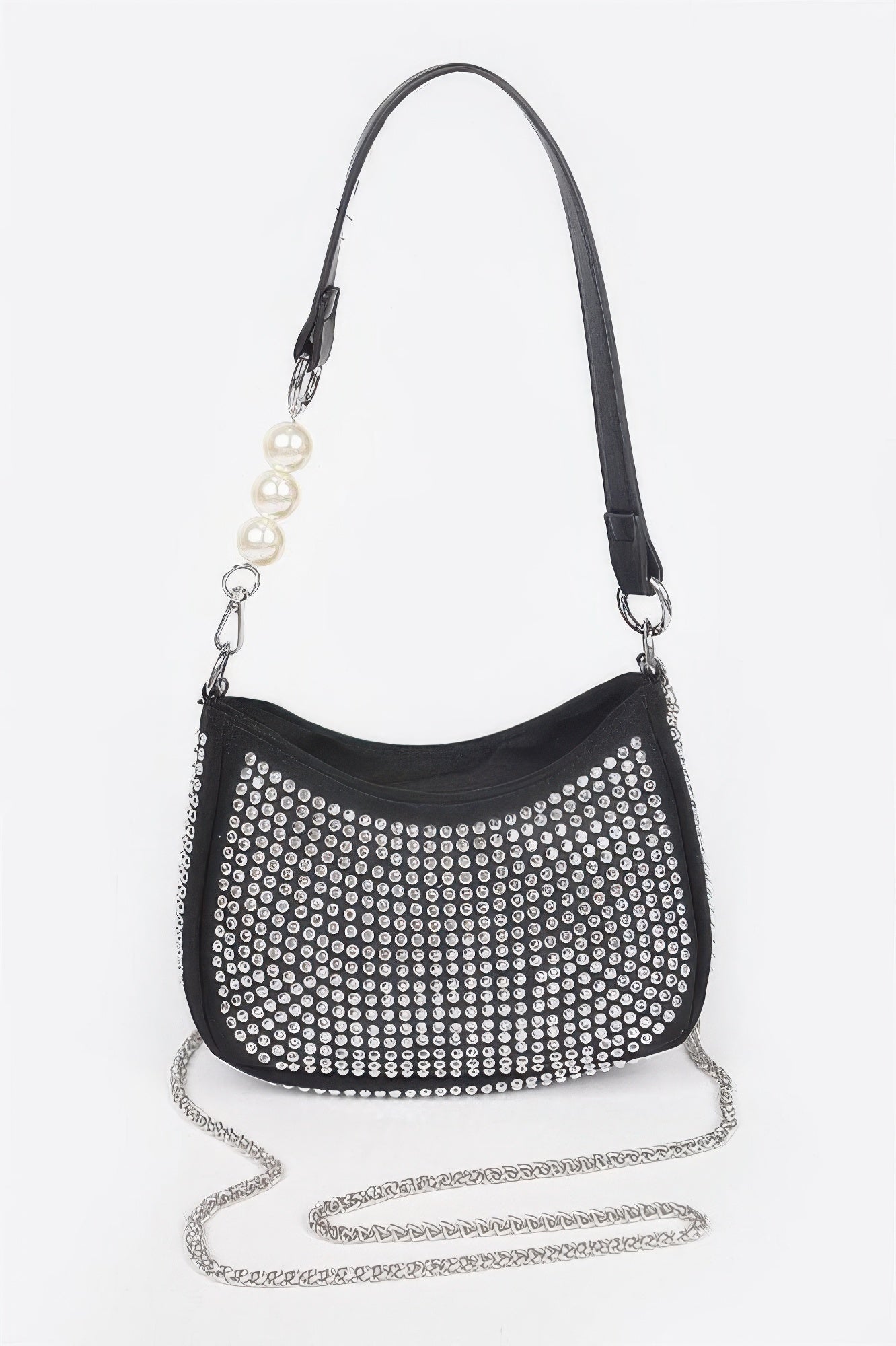 Hotfix Micro Suede Crossbody bag, black with silver rhinestone studs and pearl drop detail
