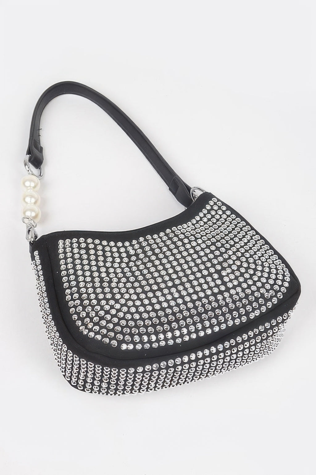 Black crossbody bag with all-over silver rhinestone micro studs and curved hobo shape