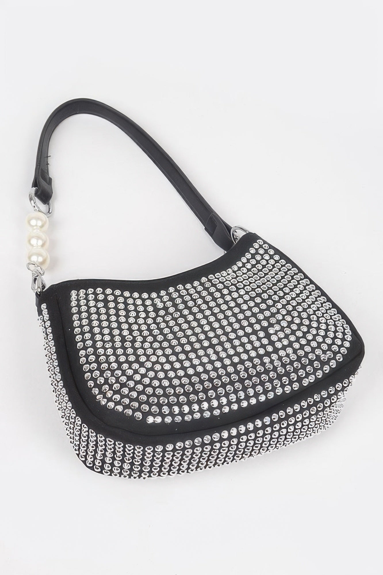 Black crossbody bag with all-over silver rhinestone micro studs and curved hobo shape