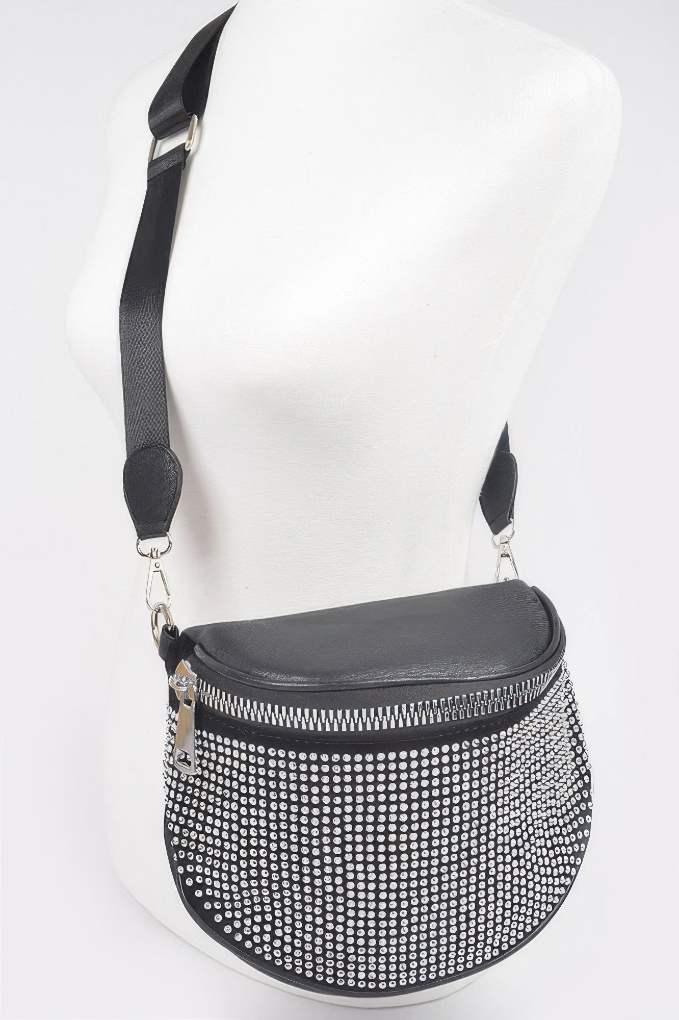 Stone-studded crossbody bag: black half-moon with silver rhinestone dots