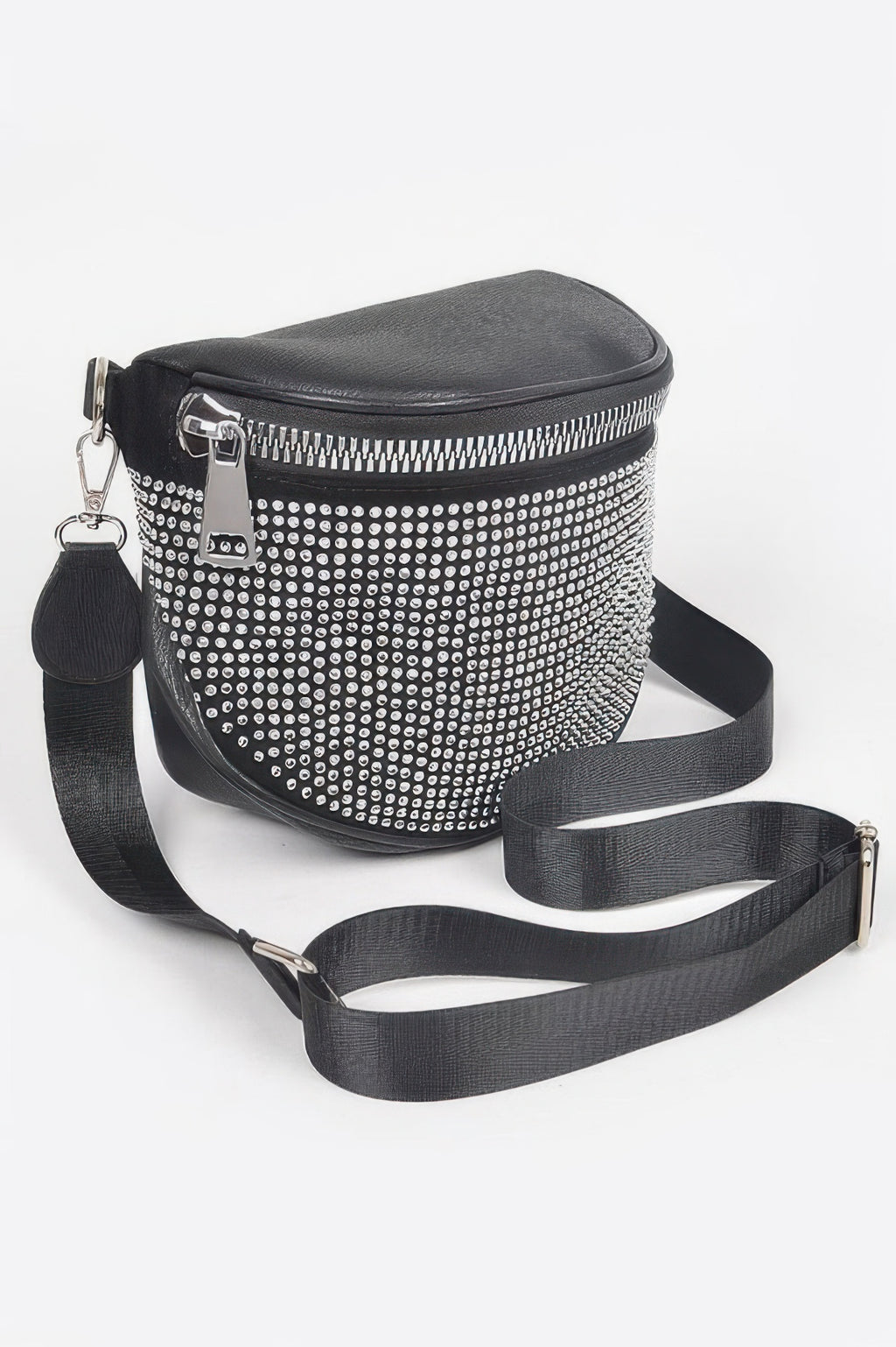 Stone-studded crossbody bag, black with silver dot pattern and zipper top