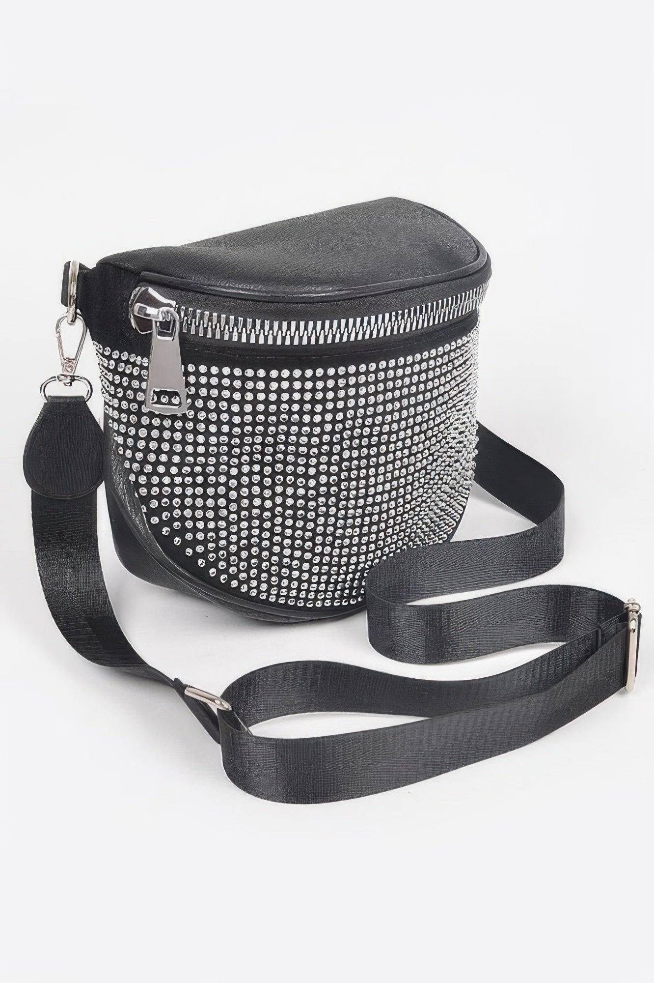 Stone-studded crossbody bag, black with silver dot pattern and zipper top