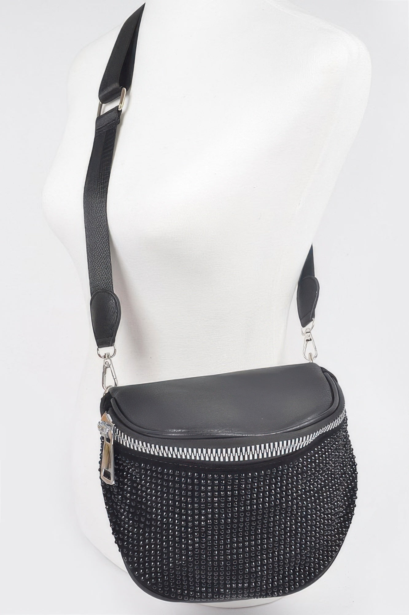 Stone-studded crossbody bag, solid black half-moon with silver rhinestone trim