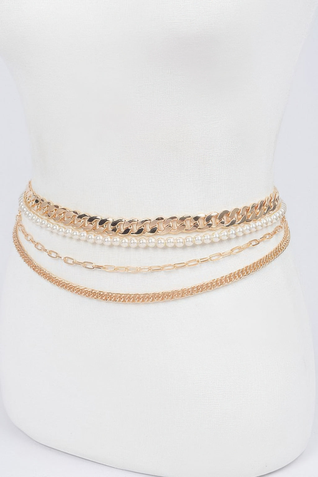 Gold multi-layer chain belt with wide curb chain and delicate beaded trim
