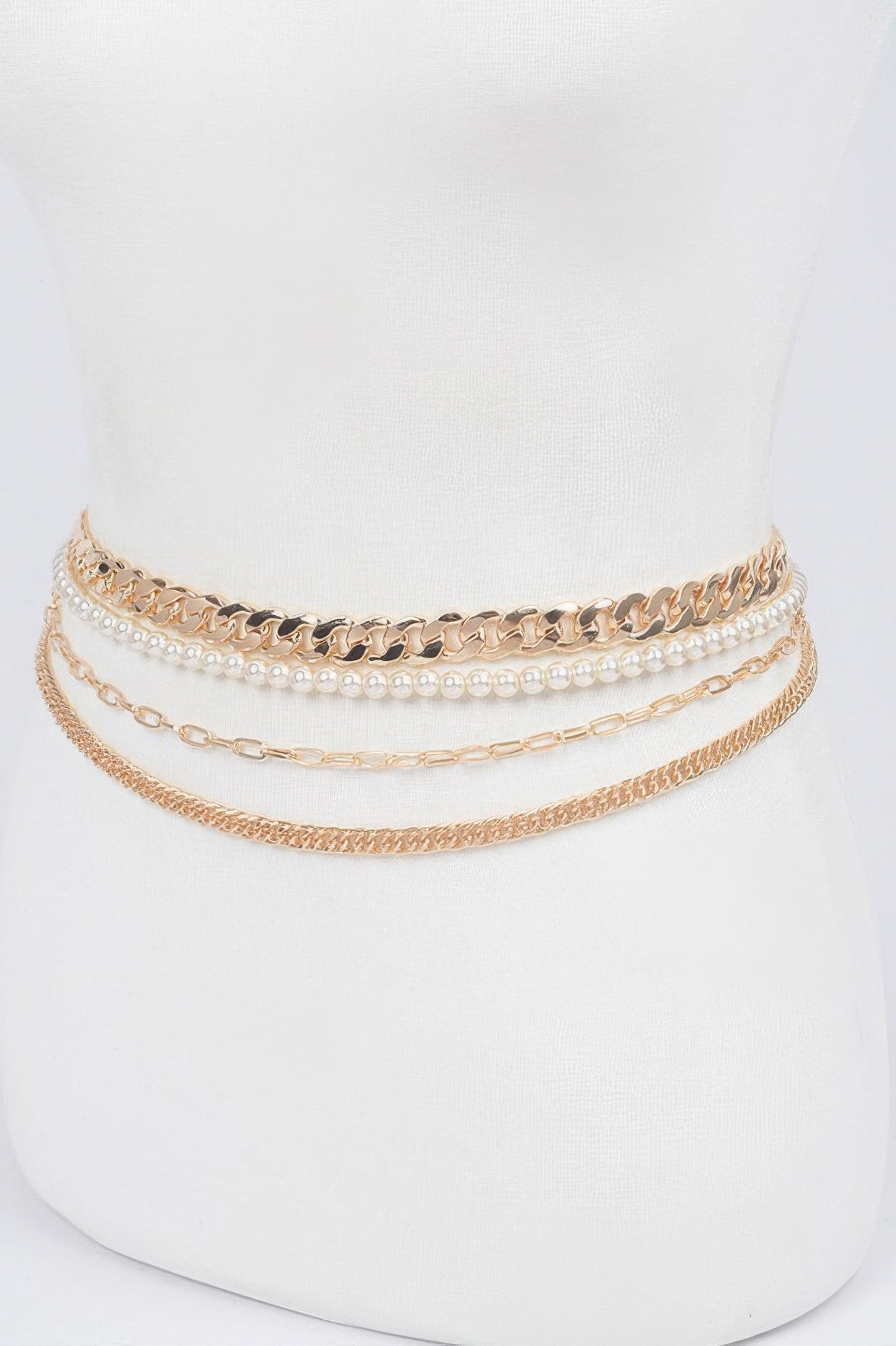 Gold multi-layer chain belt with wide curb chain and delicate beaded trim