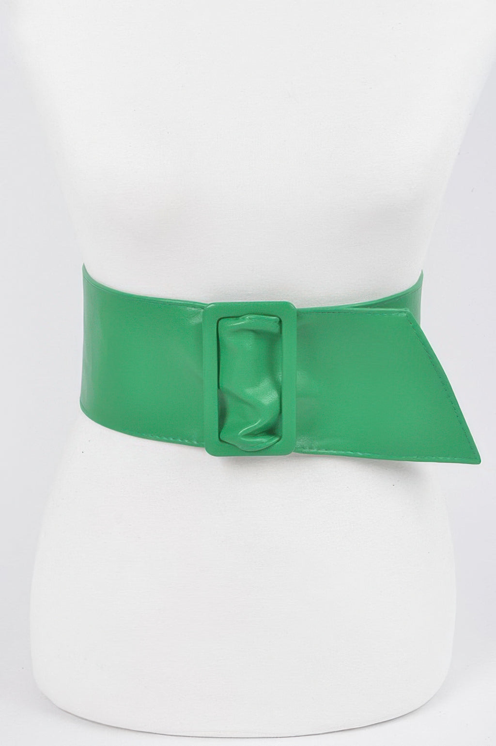 Faux leather waist belt, green, wide strap with square buckle at center front.