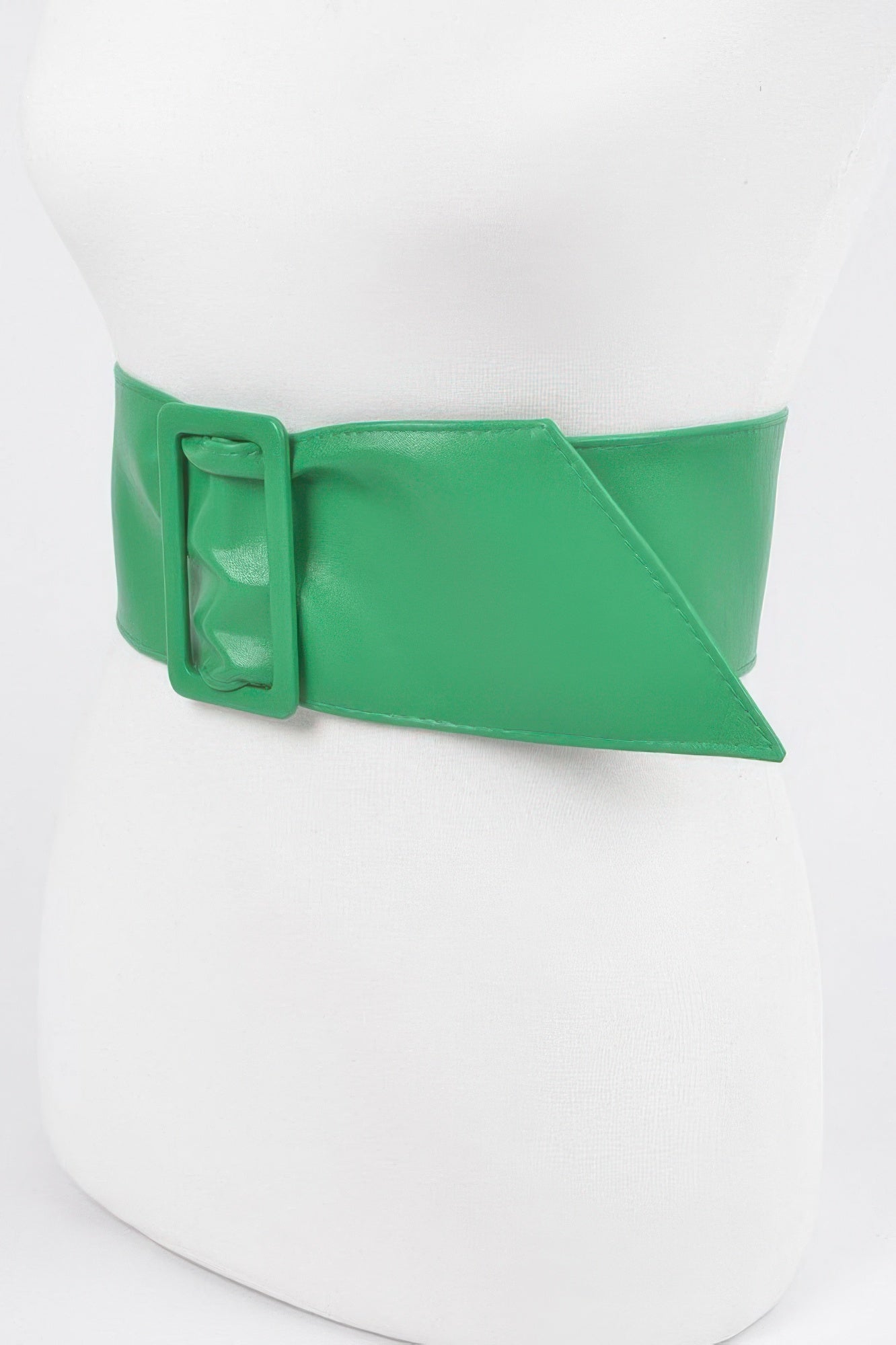Faux leather waist belt, green, side view with square buckle and tapered end.
