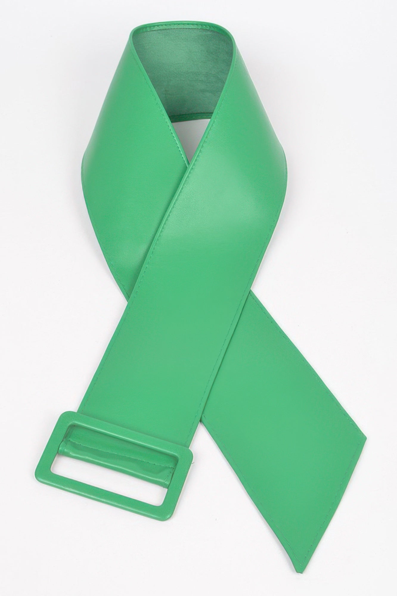 Faux leather waist belt, green, wide scarf-style belt with square buckle detail.