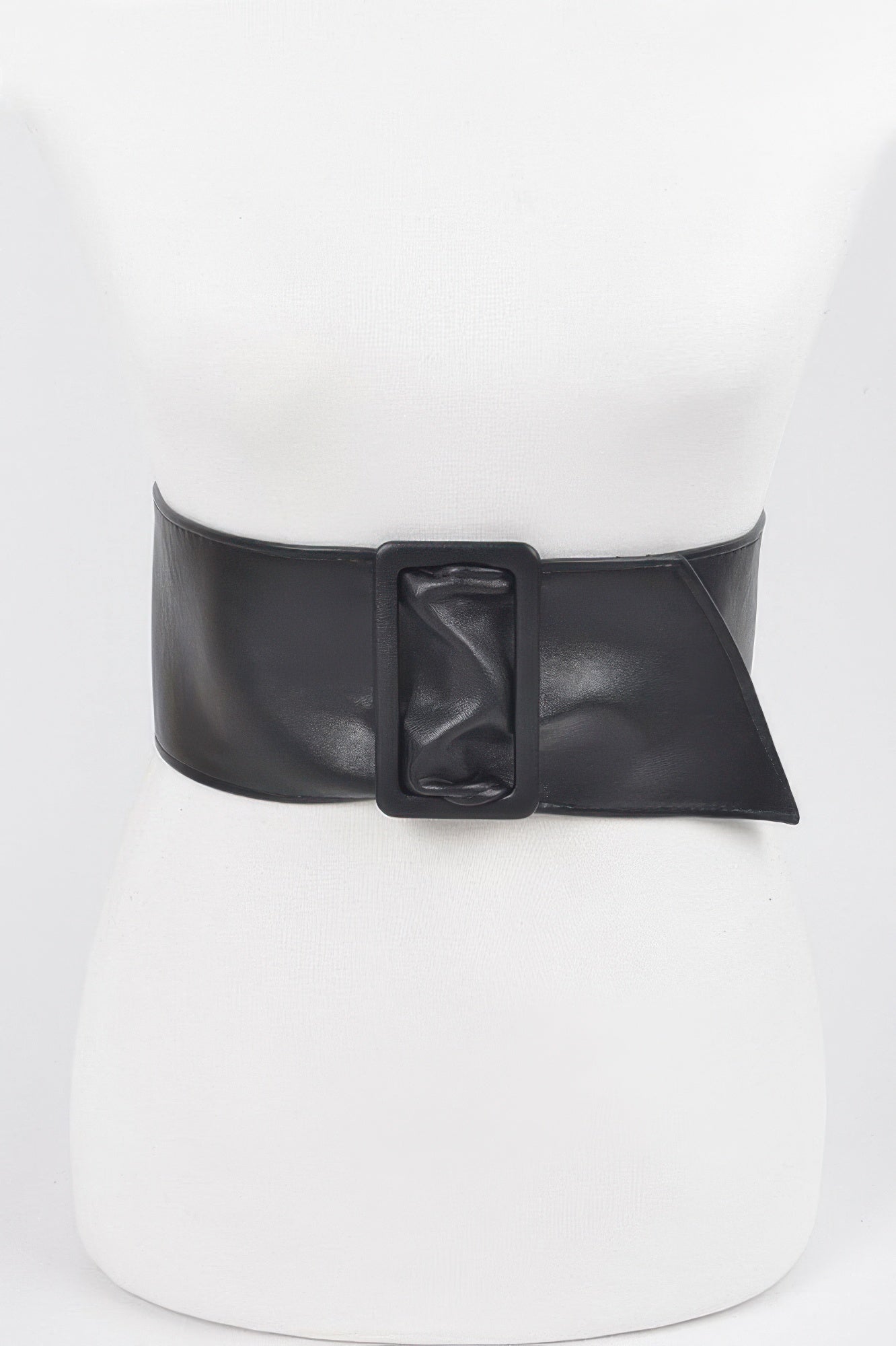Faux leather waist belt, black, wide strap with rectangular square buckle at center.