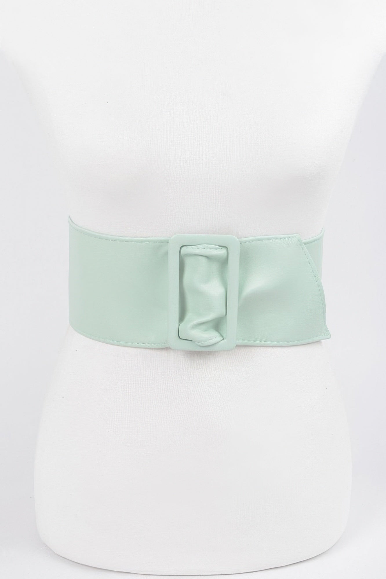 Faux leather waist belt, mint green, wide band with square buckle front.