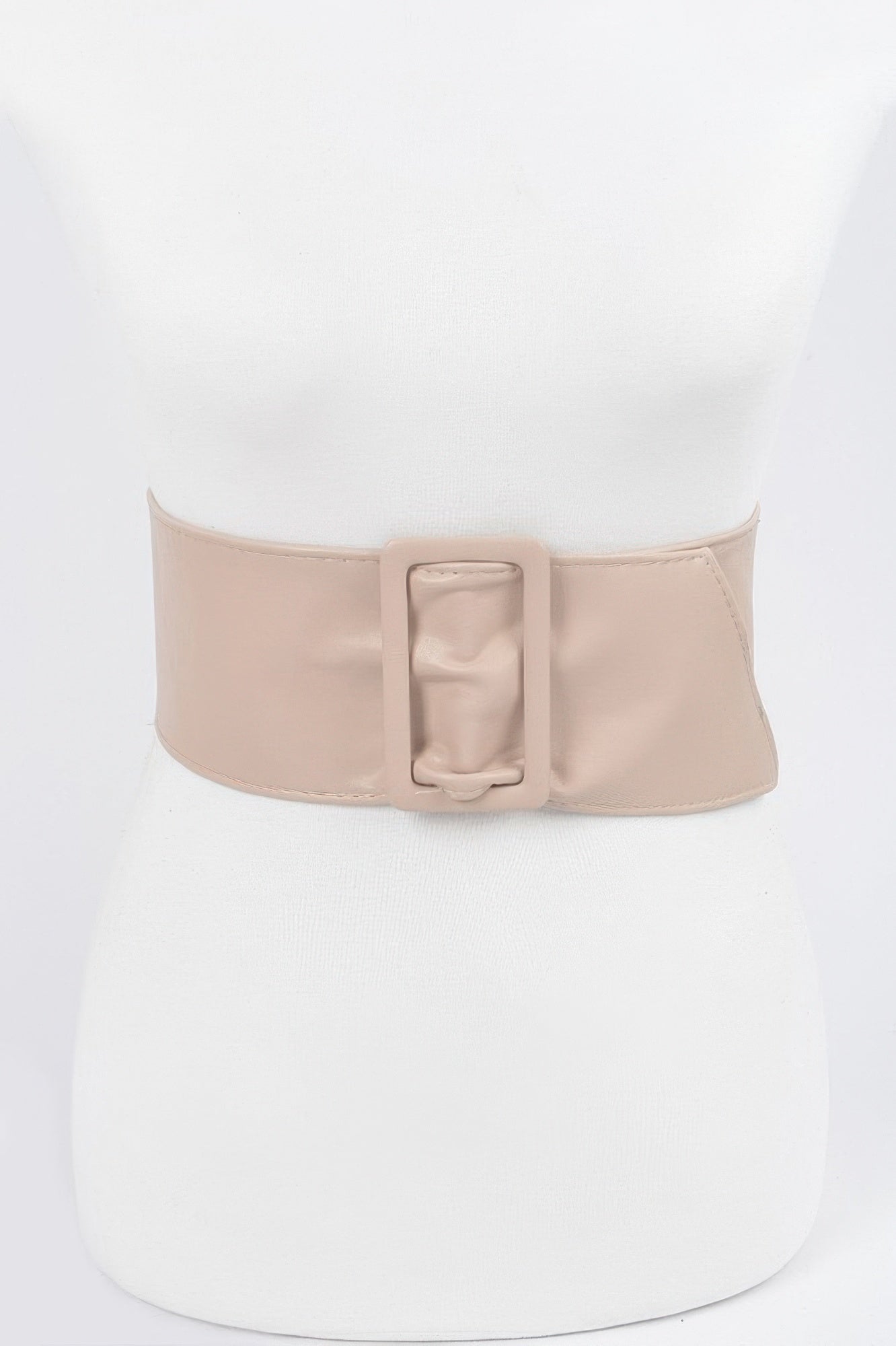 Faux leather waist belt, nude, wide strap with square buckle centerpiece.