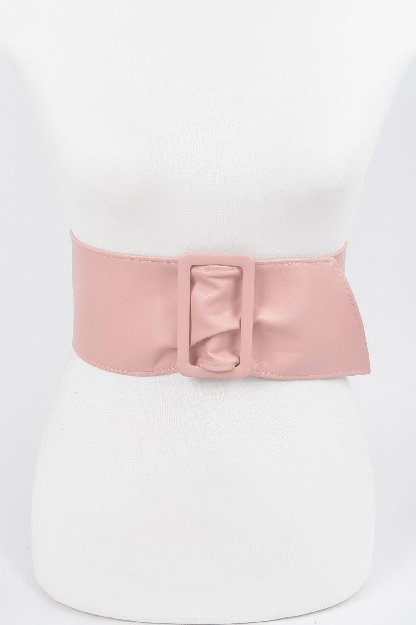 Faux leather waist belt, pink, wide band with square buckle at center front.